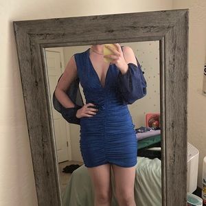 Dark blue dress with sheer shoulderless sleeves